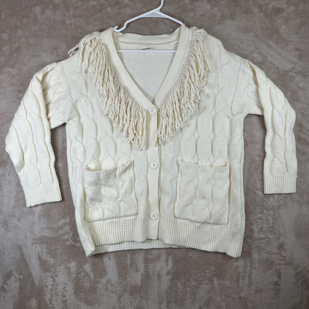 Max Studio Cardigan Sweater Womens Size Unknown White Fringe Cable Knit Pockets